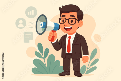 Businessman Public Relations Manager Announcing Corporate News with Megaphone, Cartoon Vector Illustration, Communication, Marketing, Promotion, Leadership, Office Concept, No Text Elements