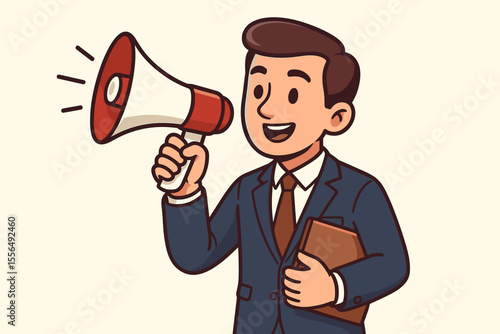 Businessman Announcing Corporate News with Megaphone. Public Relations Manager Communicating Company Information. Vector Cartoon Illustration. Office Communication, Leadership, Marketing Concept