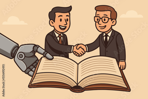 Artificial Intelligence Collaboration Concept. Robot Hand, Open Book, Businessmen Shaking Hands. Technology Partnership, Human Machine Agreement, Digital Transformation, Innovation Vector Illustration