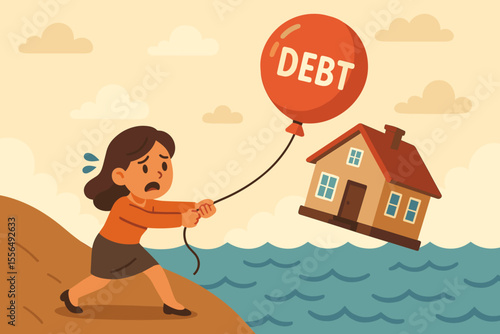 Mortgage debt crisis concept. Woman struggling to save house from foreclosure, holding floating home attached to debt balloon over water. Financial burden, housing loss risk, loan default metaphor