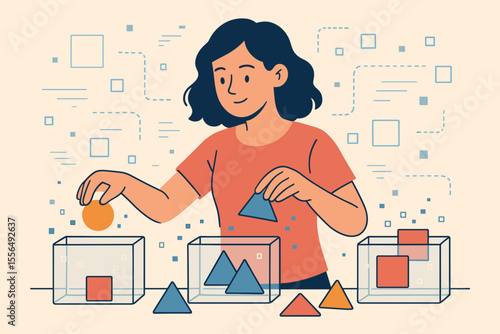 Woman sorting geometric shapes, data organization and digital information processing concept, abstract vector illustration, classification, decision making, education, technology, workflow management