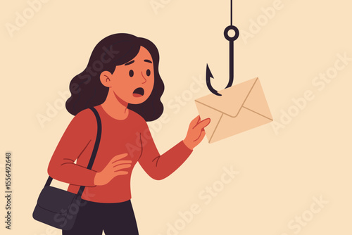 Phishing scam concept. Woman reaching for envelope on fish hook. Email fraud, internet scam, online identity theft, cybercrime, social engineering, data breach, security risk vector illustration