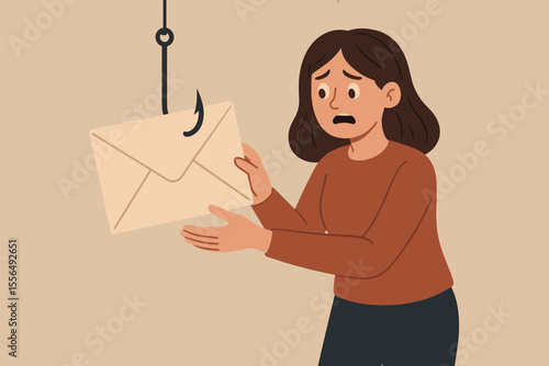 Phishing Email Scam Concept. Woman Reaching for Envelope on Hook. Internet Fraud, Social Engineering, Cybersecurity Threat, Identity Theft, Online Scam Vector Illustration, Data Protection Risk