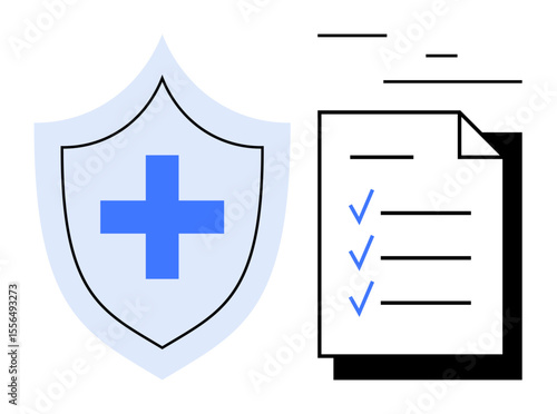 Shield with medical cross next to a checklist, representing healthcare, insurance, protection, compliance, assurance, evaluation, organization. Ideal for health apps insurance platforms simple