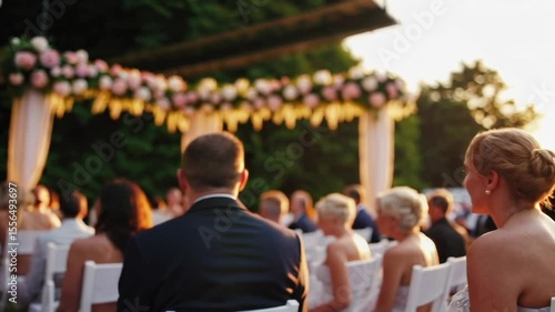 Wedding Guests Entering Venue with Blurry Couple on Stage