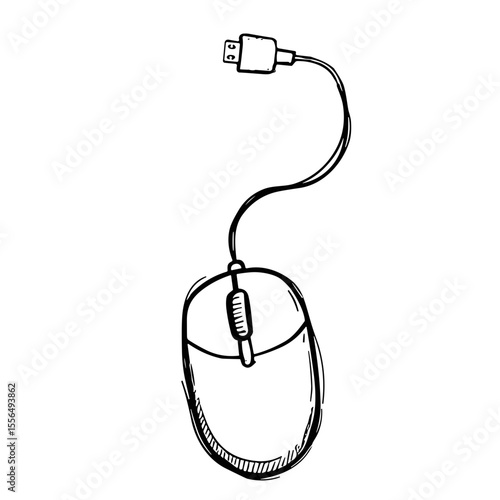 Doodle sketch vector icon of a wired computer mouse for technology and navigation concepts
