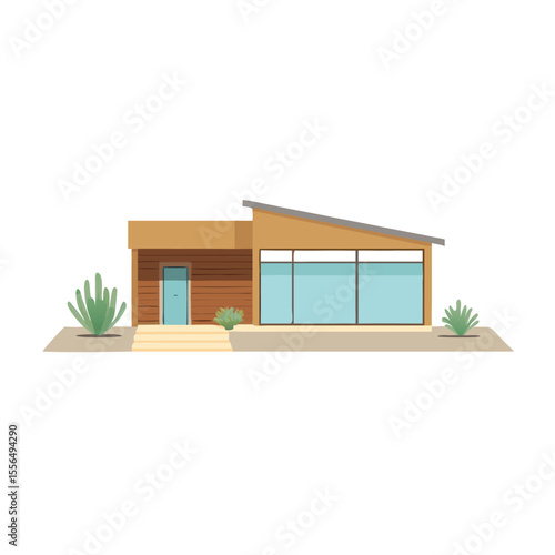 Mid century modern house exterior flat roof large outlook vector art design 