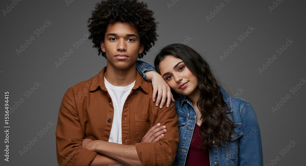 Fototapeta premium Young Couple Portrait Woman Leaning on Man Gray Backdrop