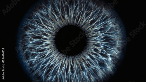 Extreme close-up of human eye iris showing detailed blue fibers background.