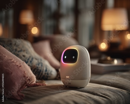 Modern robot device with glowing face sits on a bed, blurry background