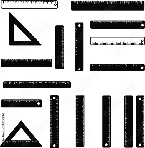 Diverse vector illustration set of various rulers and measuring scales, essential tools for drafting, engineering, carpentry, and precise measurements in education and design.