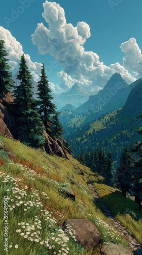 Mountain vista with winding trail under a cloudy blue sky