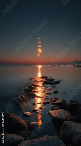 Ocean with stone path, phases of the moon, and sunset glow