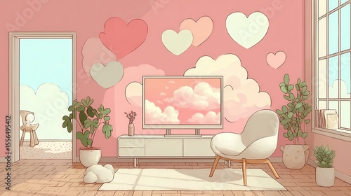 Pastel interior with heart decorations and a serene view