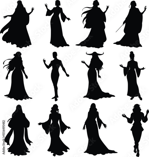 Diverse vector silhouettes of anime and manga characters in various dynamic poses, ideal for fantasy, gaming, and storytelling designs, offering versatile graphic elements.