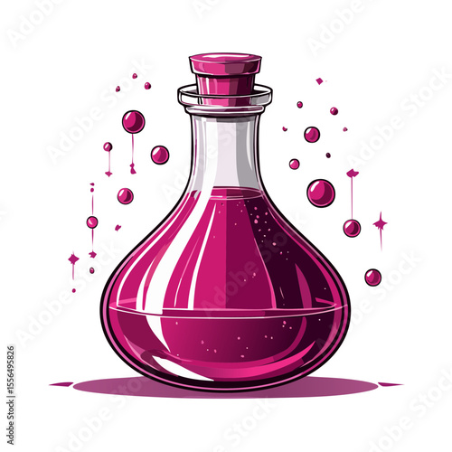 Glass Potion Bottle with Pink Liquid, Bubbles, and Cork Stopper on Black Background