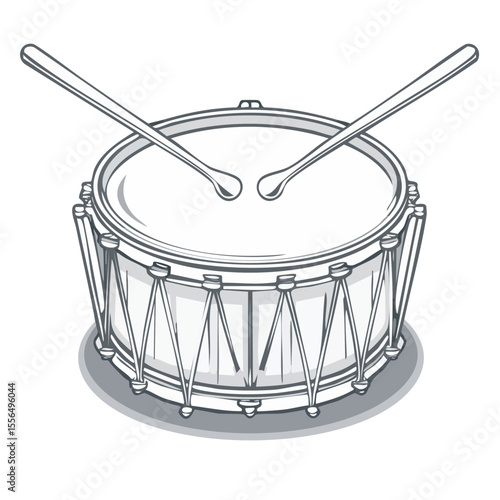 Line Art Illustration of a Snare Drum with Drumsticks on a Black Background