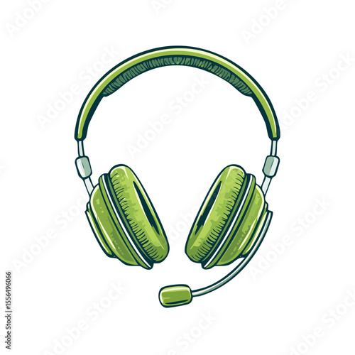 Stylized green gaming headset illustration on black background for esports or listening devices technology and communication