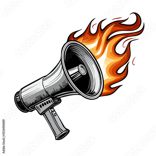 Megaphone with Flames Illustration on Black Background: Loudspeaker with Fiery Design