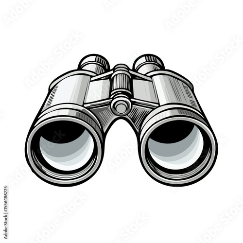 Binoculars graphic illustration on black background focusing on exploration search looking discovery scouting vision observation equipment