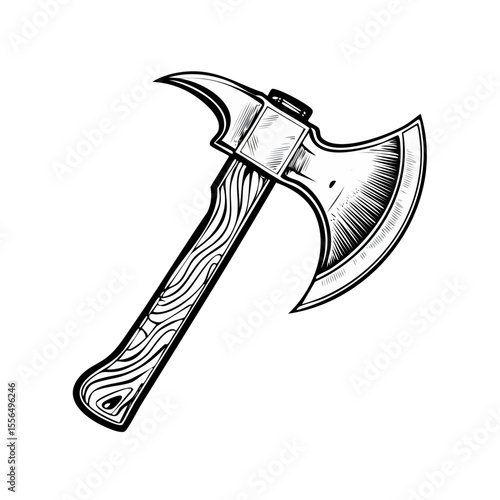 Monochrome Wood Axe Illustration Isolated on Black. Hand Drawn Lumberjack Tool for Woodcutting and Firewood. Sharp Viking Battle Axe with Textured Wooden Handle.