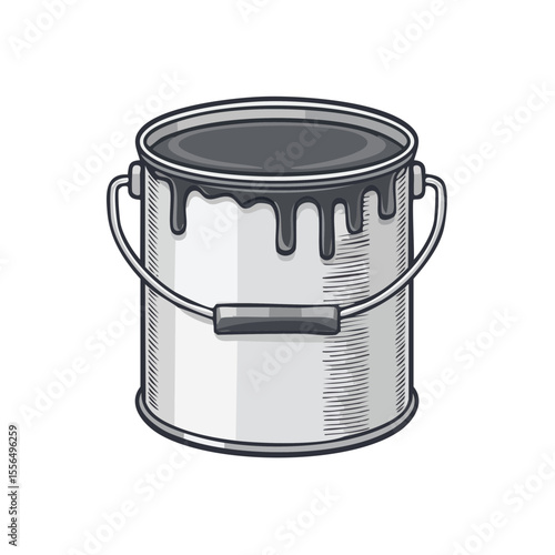 Open paint can filled with dripping dark gray color for home renovation or art project in cartoon illustration style, white container and metal handle
