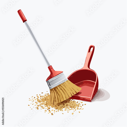 A broom and dustpan with scattered crumbs
