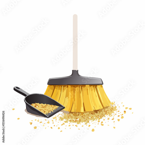A broom and dustpan with scattered crumbs
