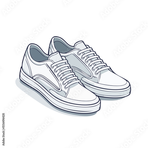 Two White Canvas Sneakers, Sport Shoes Illustration, Casual Footwear with Laces on Black Background