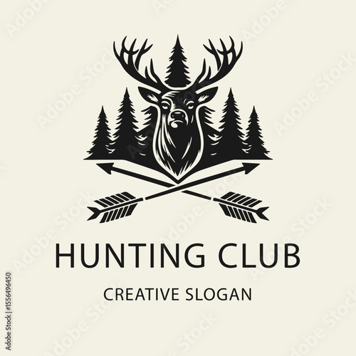 Black and white flat vector illustration of a hunting logo featuring a detailed deer head with antlers. Ideal for outdoor gear, hunting clubs, badges, and rustic branding.