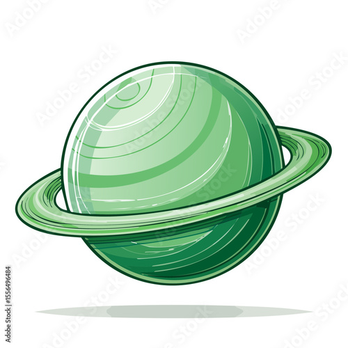 Cartoon Style Green Planet with Rings Floating in Space, Illustration