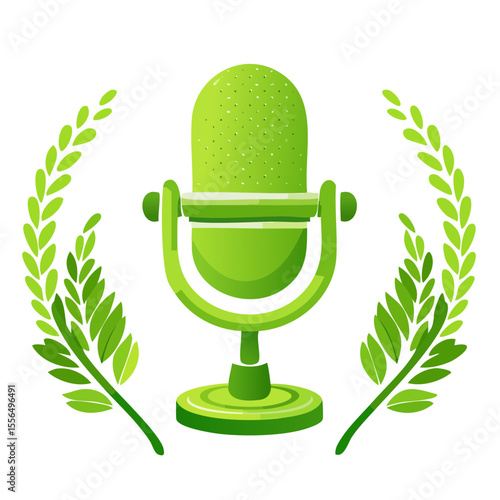 Green microphone with laurel wreaths illustration for podcasting and broadcasting concept vector graphic on black background