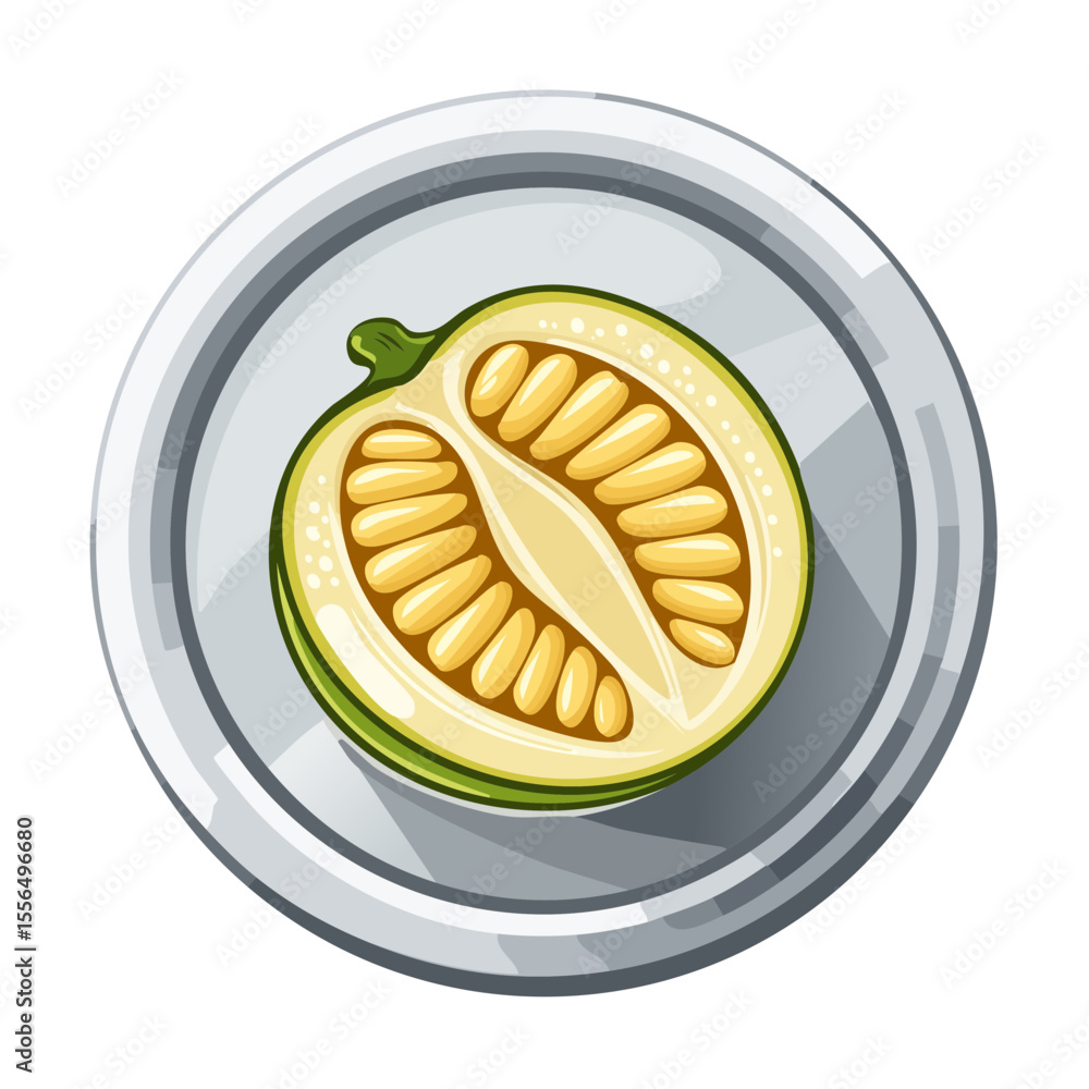 Sliced tamarillo on a plate showing seeds in an illustrative design with vibrant colours and contrasting shadows ideal for creative designs. Sliced tamarillo on a plate showing seeds in an illustrative design with vibrant colours and contrasting shadows ideal for creative designs.