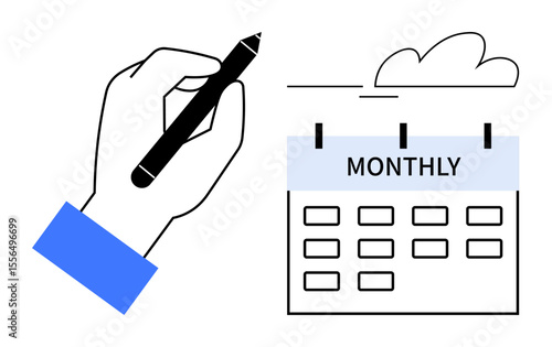 Hand holding pen near calendar labeled monthly, representing time management, planning, and schedule organization. Ideal for productivity, business, event management, recurring tasks, simplicity