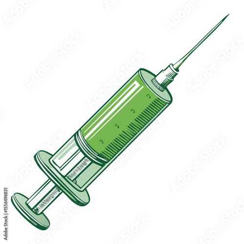 Green Syringe Vector Illustration with Needle Filled with Liquid on Black Background