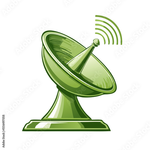 Green Satellite Dish Transmitting Waves on Black Background Illustration