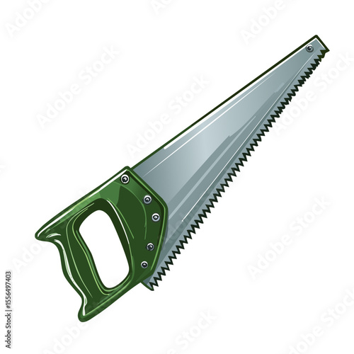 Illustration of a handsaw with a green handle against a black background, tool for woodworking, hand saw, hand tool