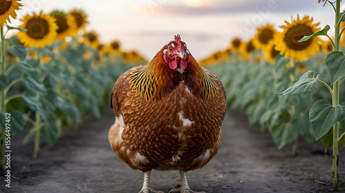 Chicken amidst sunflowers, a peaceful country scene.
