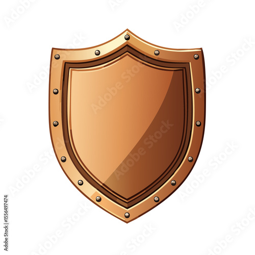 Copper metallic shield emblem protecting concept isolated against a dark backdrop for medieval fantasy illustrations and heraldic design elements