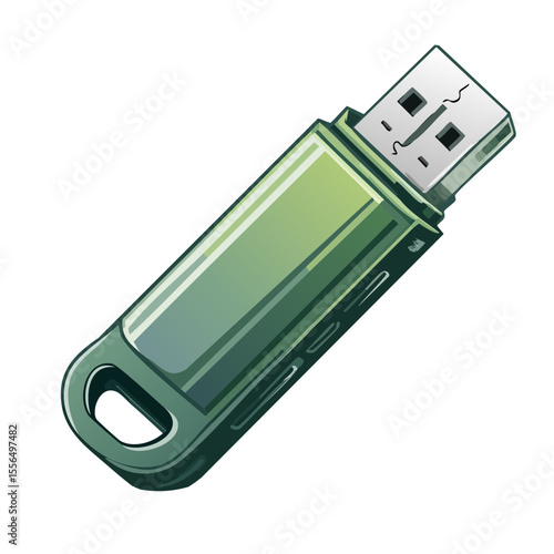 Green USB Flash Drive Illustration on Black Background, Data Storage Device Technology