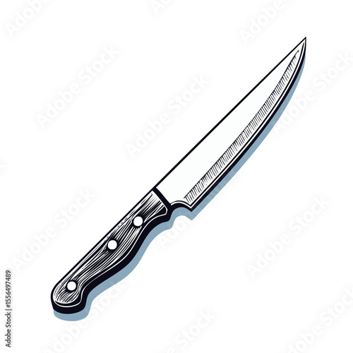 Illustration of Sharp Chef's Knife with Wooden Handle on Black Background