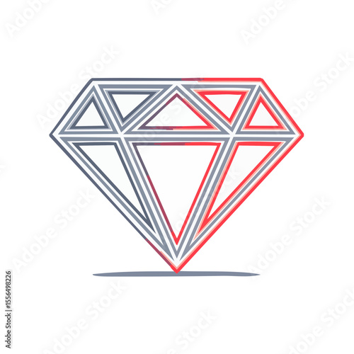 Stylized Diamond Illustration with Gray and Red Outlines on Black Background