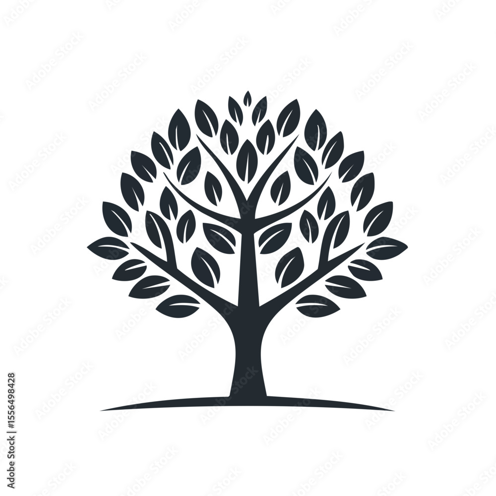 Stylized dark gray tree silhouette with leaves on a dark background for nature concepts Stylized dark gray tree silhouette with leaves on a dark background for nature concepts