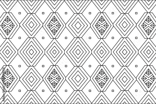 Geometric repeating diamond pattern in black and white.
