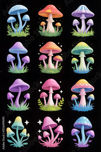 Colorful mushrooms in various shades, vibrant and whimsical.
