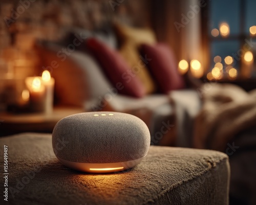 Spherical device on a cushion, candles blurred in background