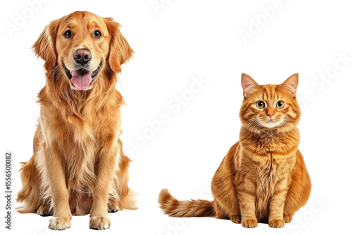 Happy golden retriever dog sitting beside playful orange cat on isolated background showcasing friendship between pets and joy of companionship in domestic life