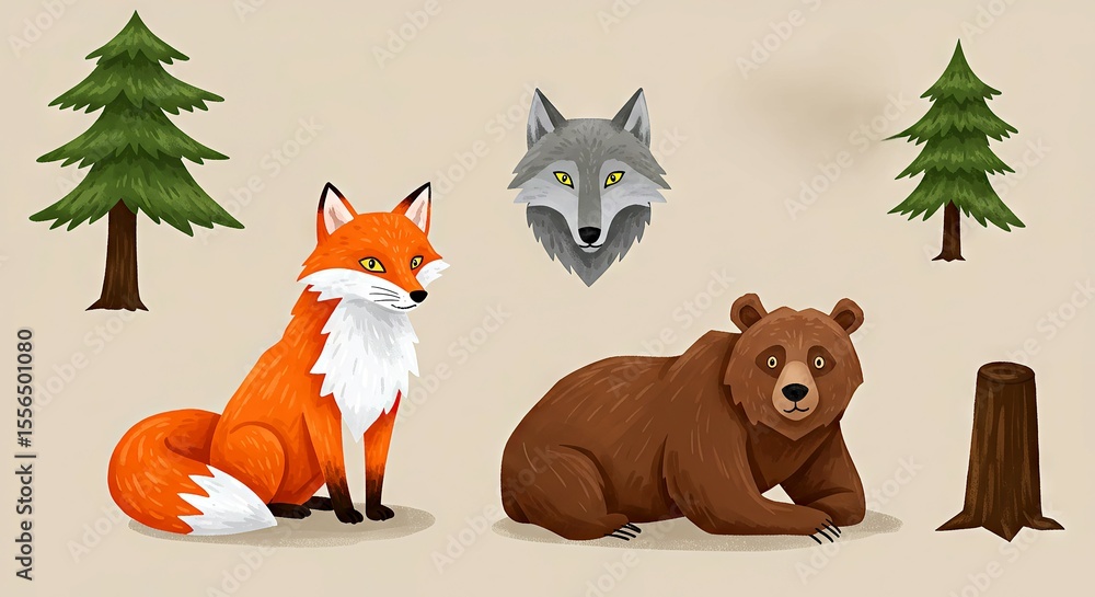 Fototapeta premium Cartoon forest animals including fox, bear, and wolf illustration 