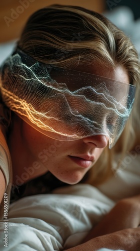 Woman wearing futuristic eye covering with digital landscape