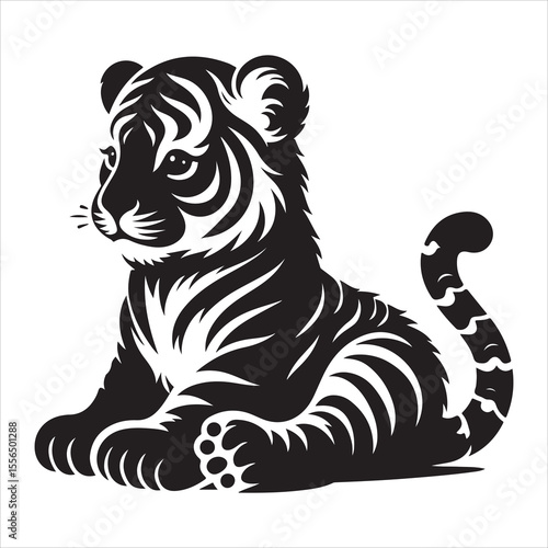 siting  cute tiger Silhouette Vector Art, and Graphic, vector black color silhouette , solated white background 